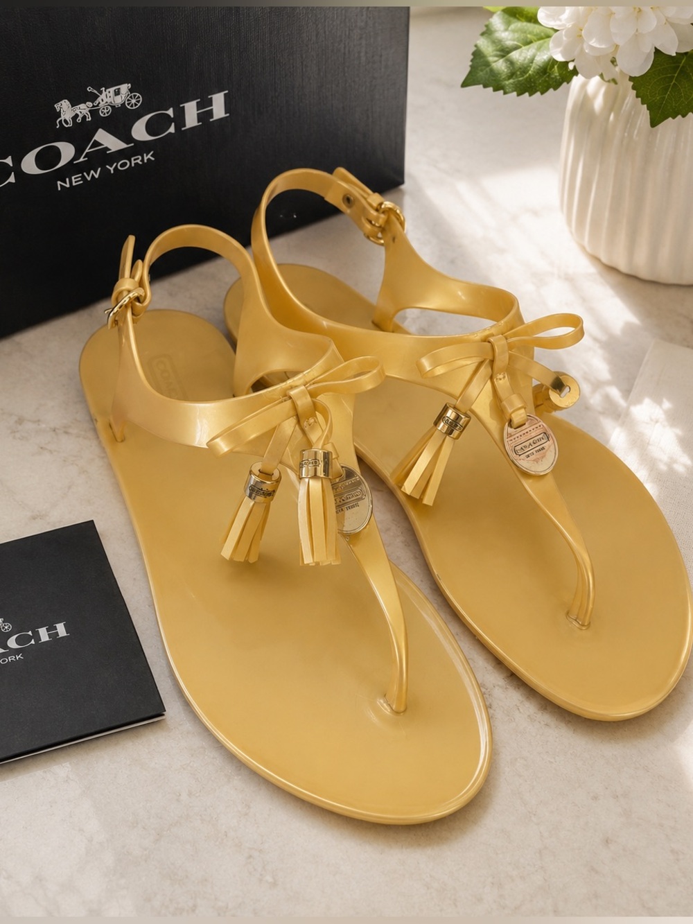 Coach Helma Gold Jelly Thong Sandals Tassel Bow Ankle Strap Womens Size 11